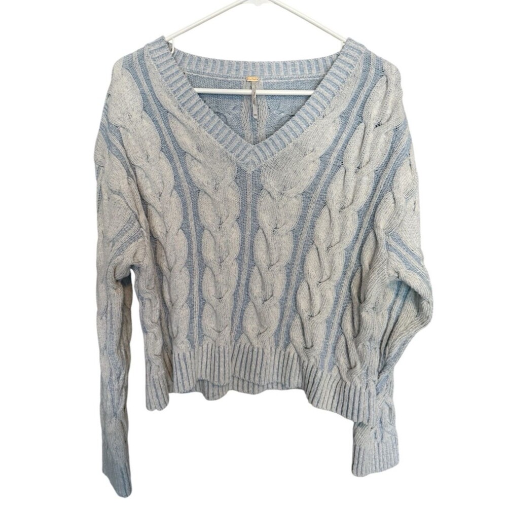 Free People Sky Blue & White Marled Cable Knit V-Neck Sweater Size XS